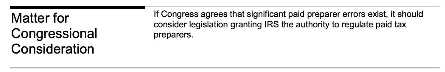 Matter for Congressional Consideration to monitor tax preparers.